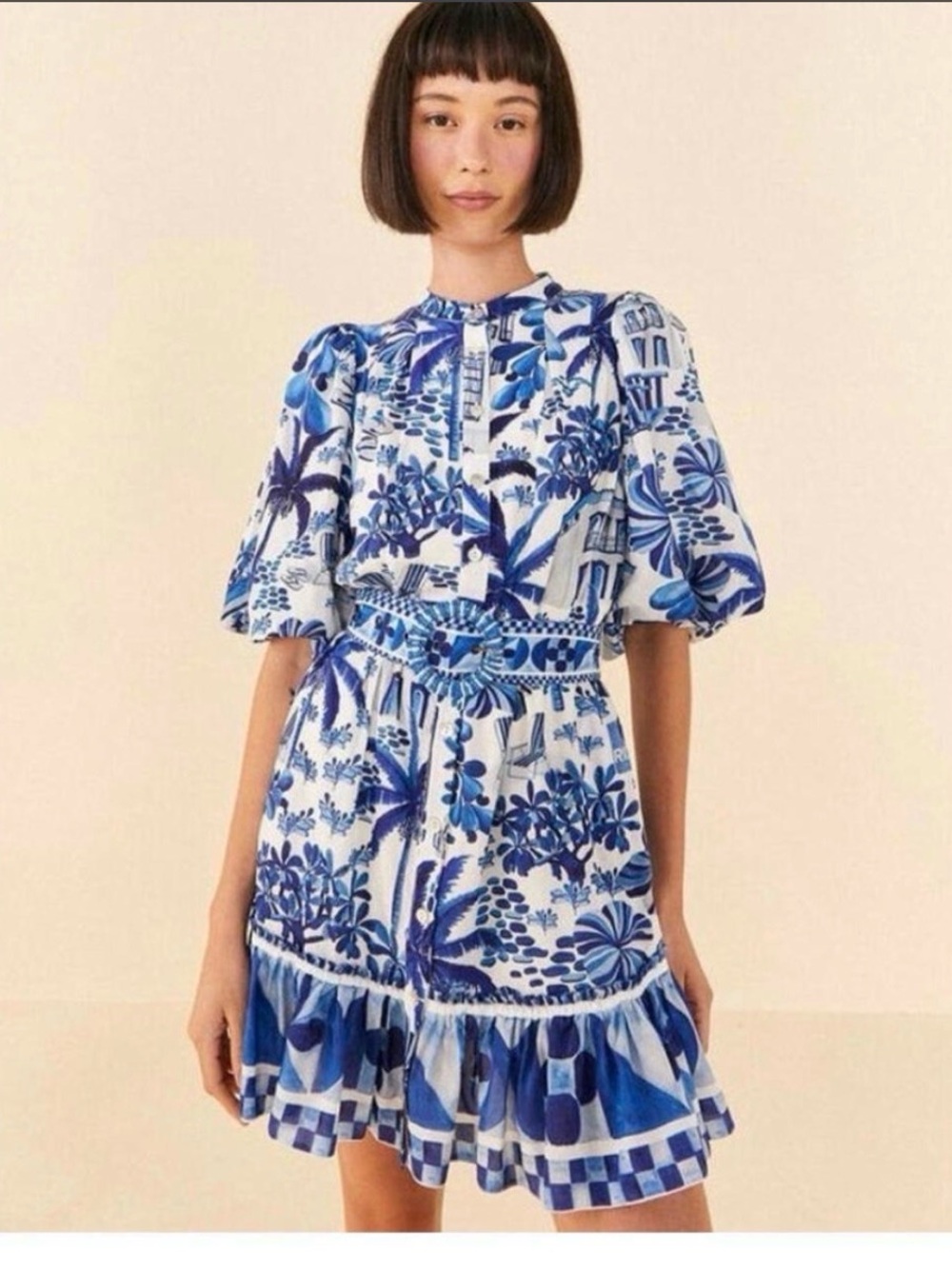 Farm Rio Blue & White Tropical Print Ruffle Dress NWT